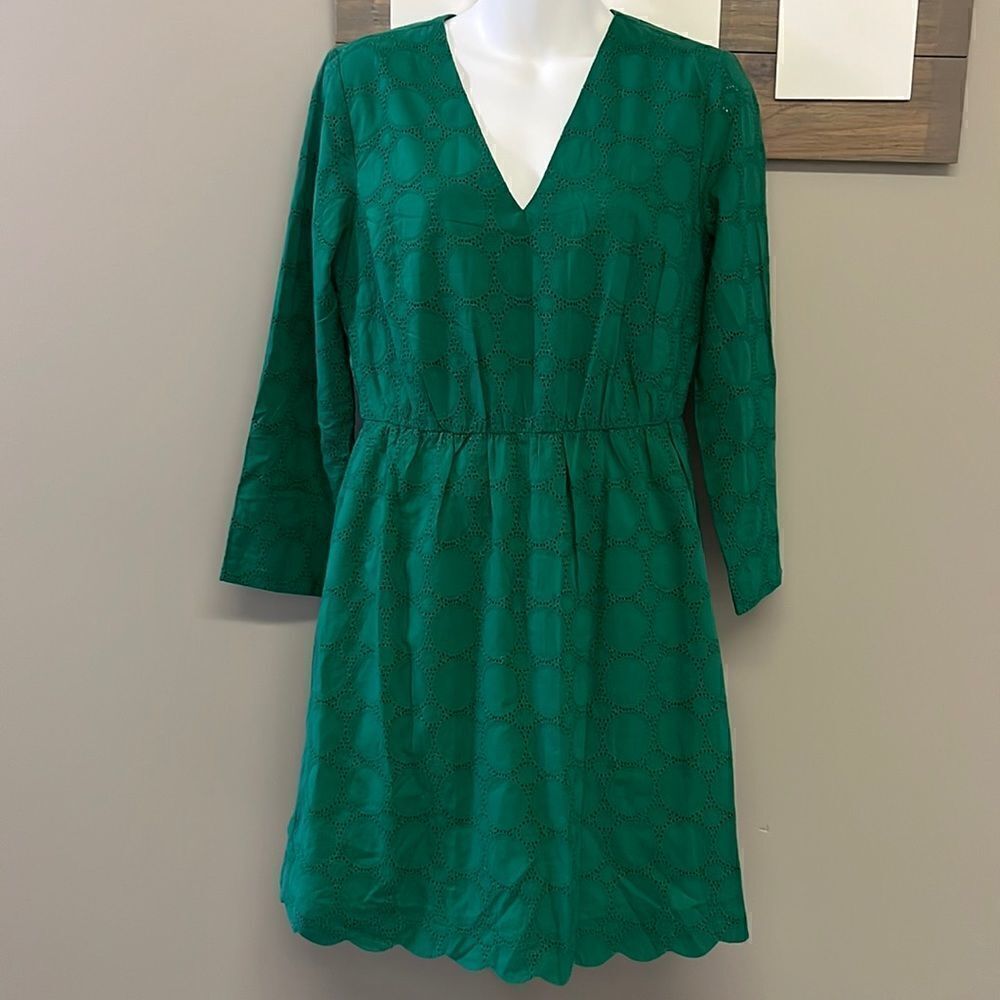 J. Crew Green Lined Eyelet Long Sleeve Dress- with Scalloped Details-Size 4-NEW
